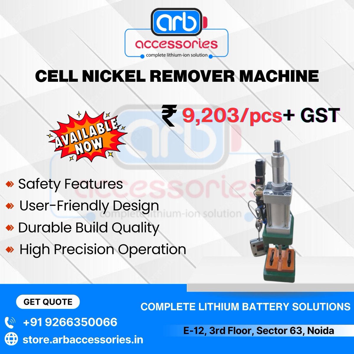 arb_ltd's tweet image. ⚙️ Nickel Remover Machine ⚙️

🔧 Cell Nickel Remover Machine – Efficiently removes nickel 
🔪 Blade for Nickel Remover Machine – replacement for precise cutting
🪛 Handle Rod for Nickel Remover – Strong grip 

🛒 Buy Now:
store.arbaccessories.in/category/nicke…

#Arbaccessories #BatteryTools