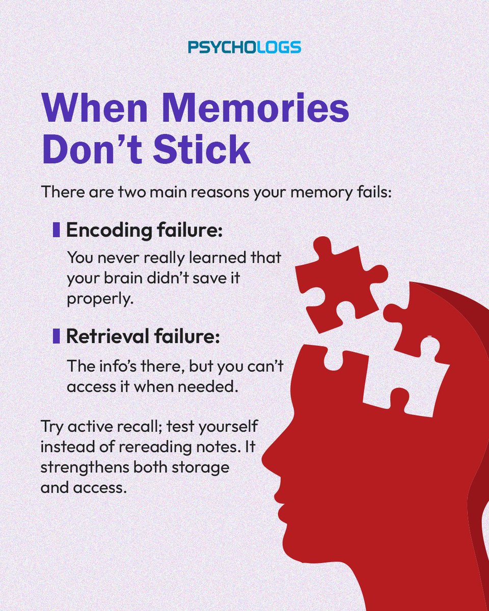PsychologsIndia's tweet image. Why Do We Forget What We Learn?
Our brains are wired to forget unless we train them to remember.

For more mind-opening psychology insights, follow @psychologsmagazine

#PsychologyFacts #MemoryHacks #ActiveRecall #StudyMotivation #LearningMindset #BrainTips #MindMatters