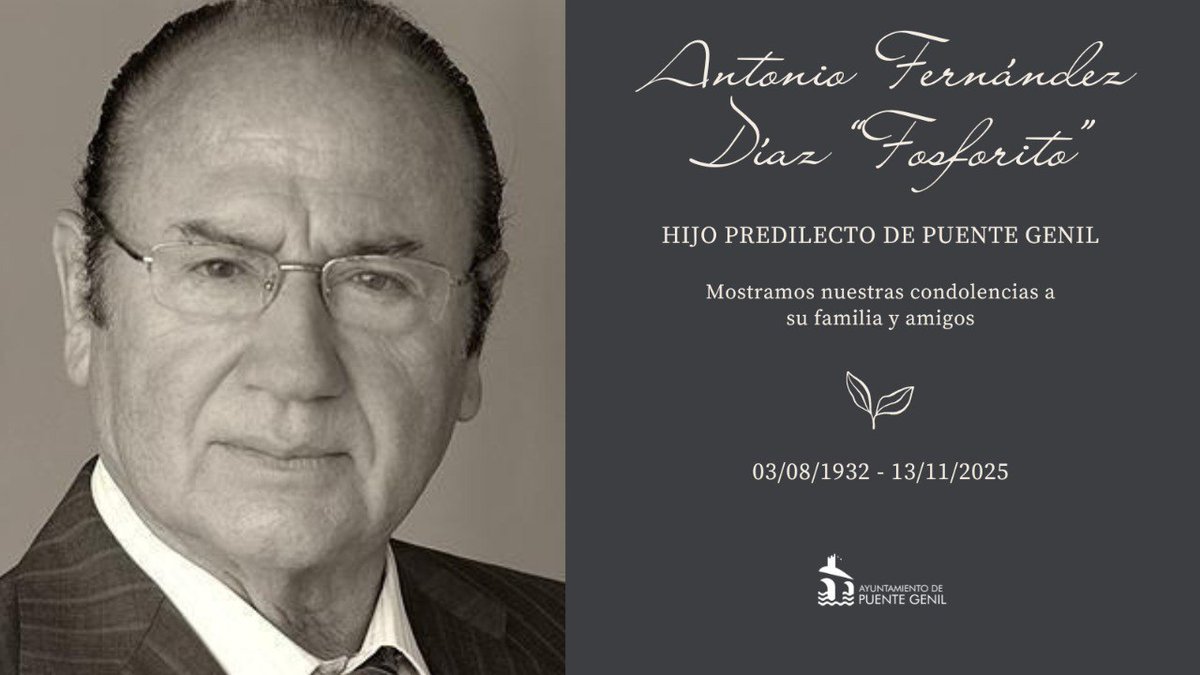AytoPuenteGenil's tweet image. 🕊️ El Ayuntamiento declara tres días de #LutoOficial por el fallecimiento de D. Antonio Fernández Díaz, “Fosforito”.

Hijo Predilecto y leyenda universal del #Flamenco deja un legado humano y artístico eterno.

Las banderas ondearán a media asta uniéndose en respeto y gratitud.