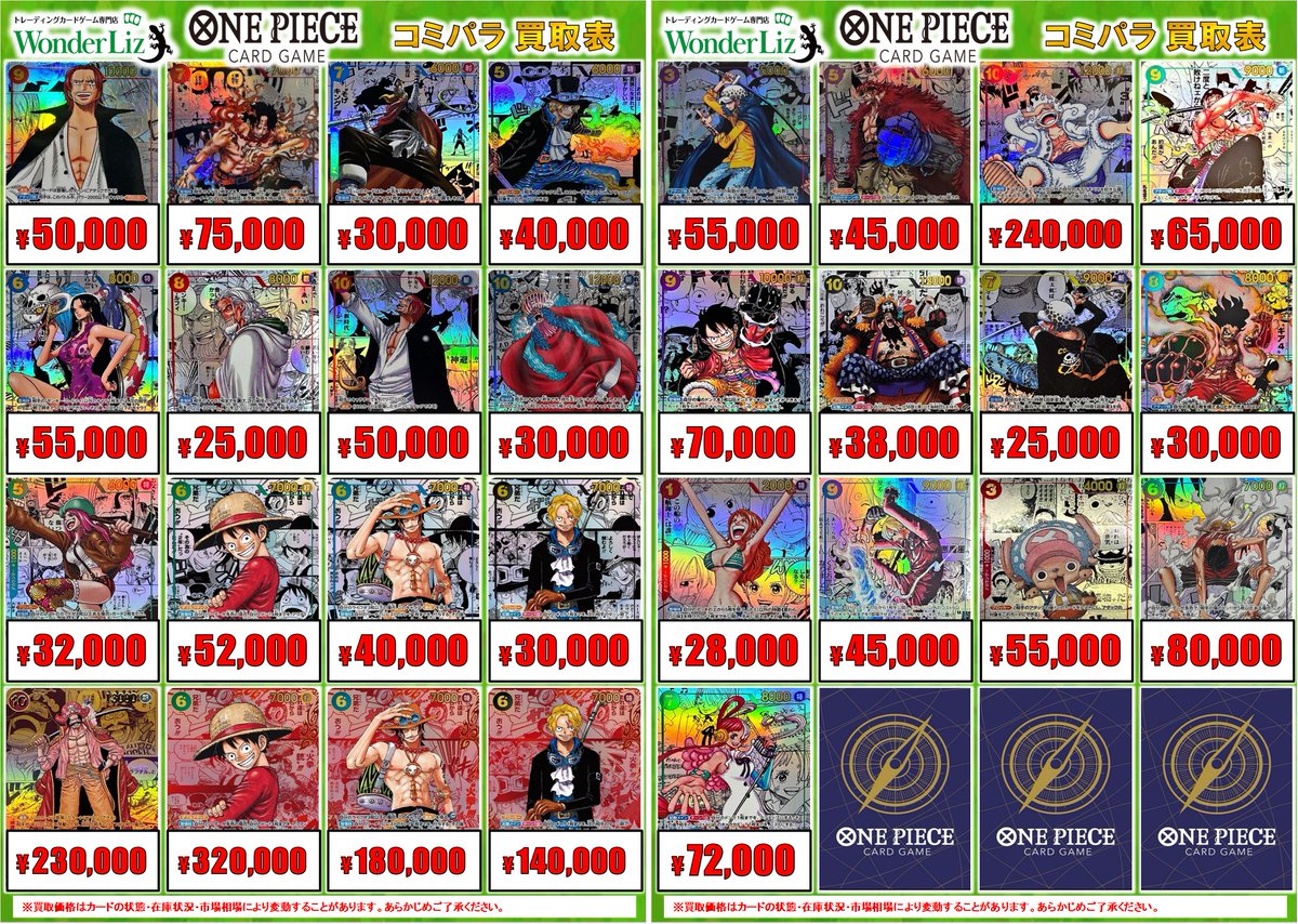 ワンリズ2号店 ワンピース買取情報】 ✨コミックパラレル 買取表
