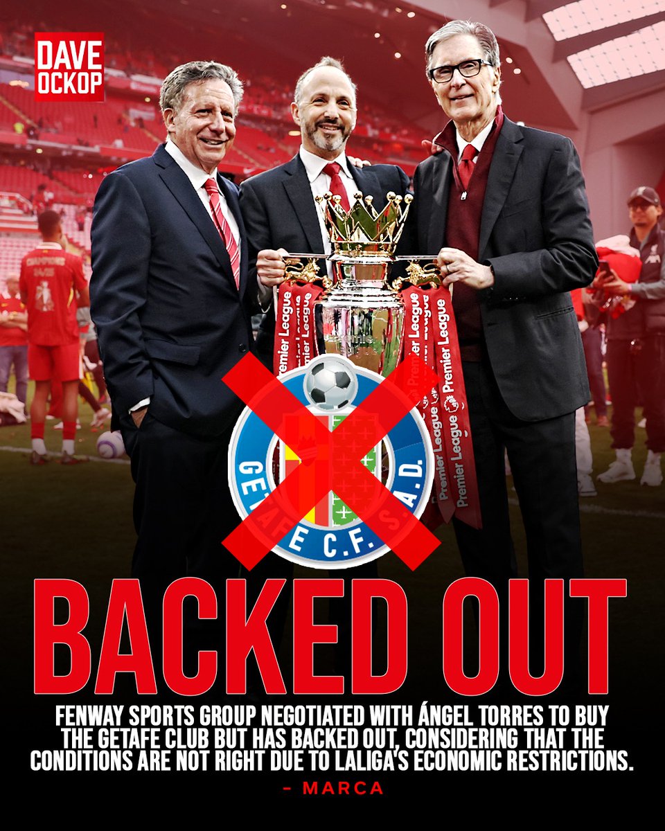 DaveOCKOP's tweet photo. According to a report from Marca:

“Fenway Sports Group negotiated with Ángel Torres to buy the Getafe club but has backed out, considering that the conditions are not right due to LaLiga's economic restrictions.

Fenway Sports Group has conducted an in-depth economic and sporting analysis and concluded that the main strength of the current Getafe squad lies in its veteran players, which would require a considerable investment to rejuvenate the team and compete for more ambitious goals. With the club's current revenue levels, this type of strategy would not be feasible quickly under the existing regulations.”
