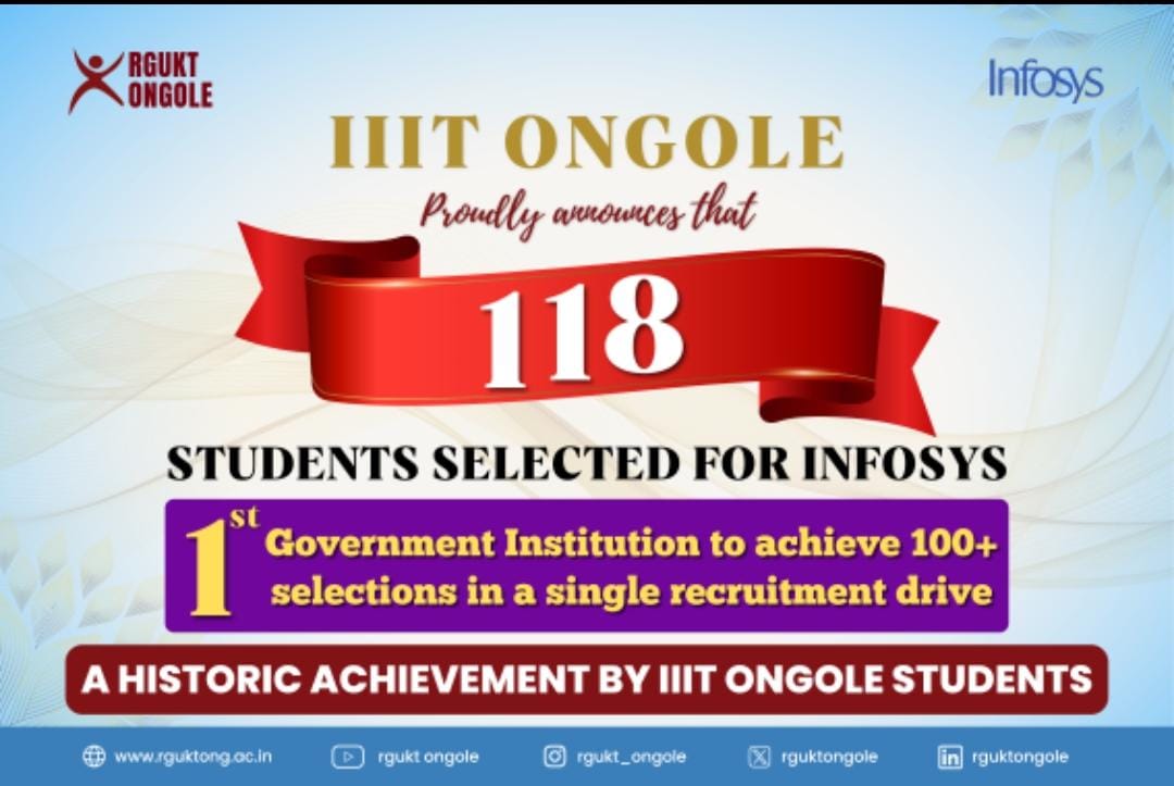 RGUKT_ONGOLE's tweet image. 🎉 Proud moment for RGUKT Ongole!
A record 118 students got selected in the Infosys campus drive — making us the first govt institution to cross 100+ selections in a single drive! 👏🔥
Congrats to all achievers! 🌟
#RGUKTOngole #Infosys #CampusPlacements #rgukt #rguktongole