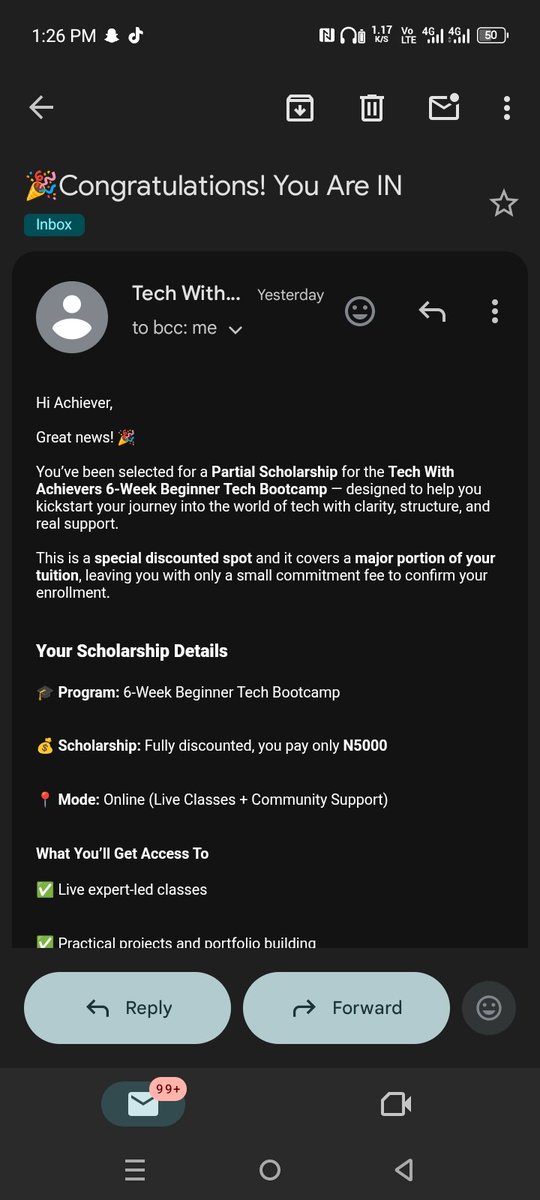 EstherOnyi37131's tweet image. @TechWithAchievers + our partner @tech_baby
  I just got selected for the Tech With Achievers 6-Week Tech Bootcamp with a Partial Scholarship!
Excited to begin my journey into tech 🚀  
#TechWithAchievers #TWAbootcamp #LearnWithTWA I just got in... Congratulations to me🎉🎉