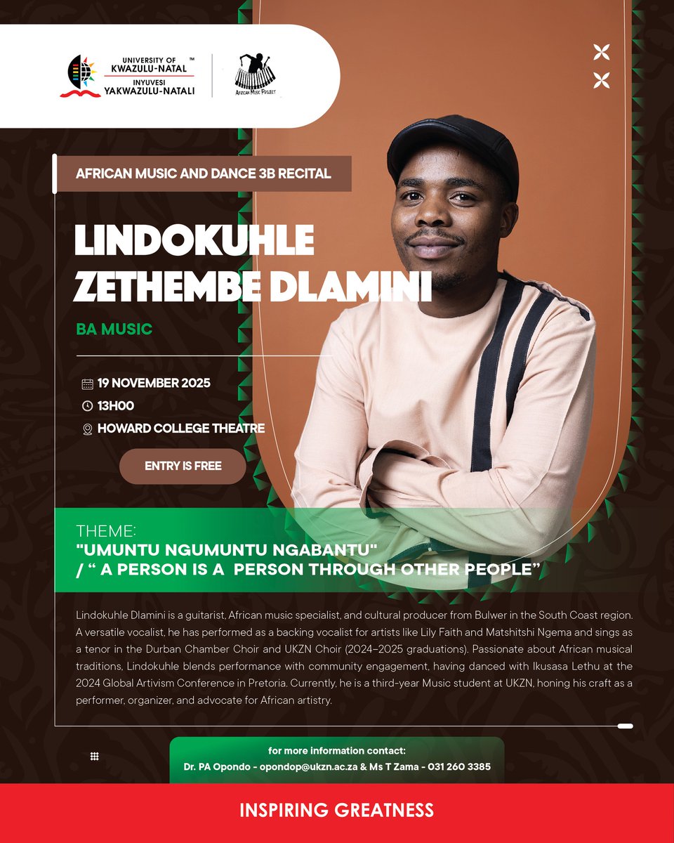 AMD3 Group 1 is excited to invite you to our Recitals!!!!
Date: 19 November 2025
Venue: University of KwaZulu-Natal, Howard College Theatre
Time: 12:15-15:15
Free Admission