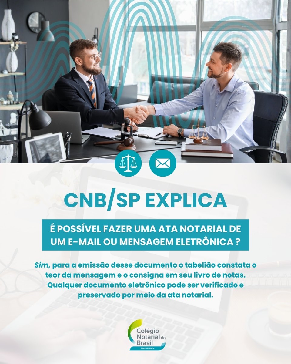 CNBSP_oficial's tweet photo. 📧 Já pensou em comprovar o conteúdo de um e-mail ou de uma mensagem eletrônica?

Com a ata notarial, isso é possível! O tabelião verifica o teor da mensagem e o reporta oficialmente, garantindo autenticidade, validade jurídica e segurança. https://t.co/Lz2JfvUR8I