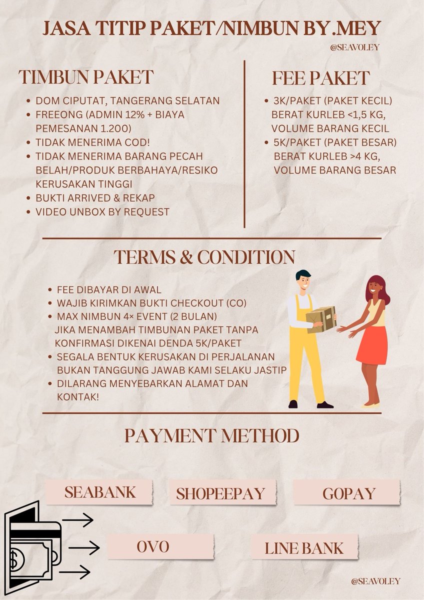 seavoley's tweet photo. 🛍️ OPEN JASA TITIP PAKET/NIMBUN DAN ADMIN PACKING KPOP/NON KPOP🛒

★ Dom Ciputat, Tangerang Selatan
★ Fee start 2k/paket
★ co by : Shopee (bebas ongkir)
~ feel free to ask

#zonauang #zonajajan️️ #jastip lfb jasa titip barang nimbun loker admin packing go https://t.co/JFRm0Xa2z6