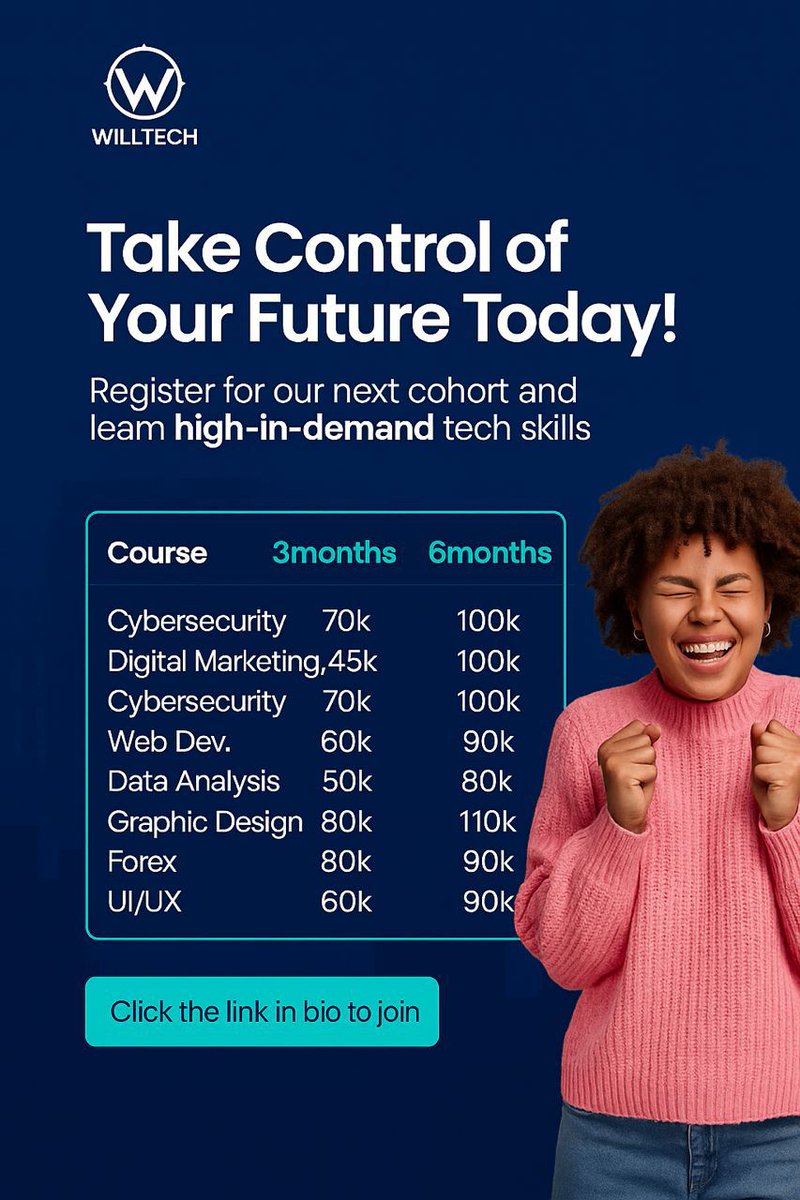 Willtech_Ng's tweet image. Your future is your hands.
It&apos;s up to you to take control today....

#tech #willtechAcademy #CyberSecurity #Techno