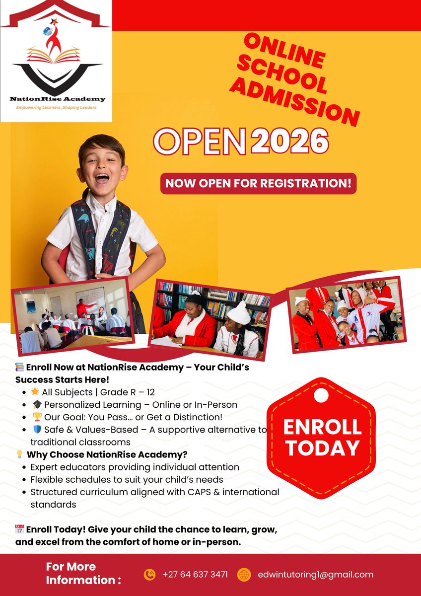 NationRiseZA's tweet image. Grade R–12. Online or In-Person. Your Success is Our Mission – Pass or Get a Distinction! 🌟 Enroll Today with NationRise Academy!