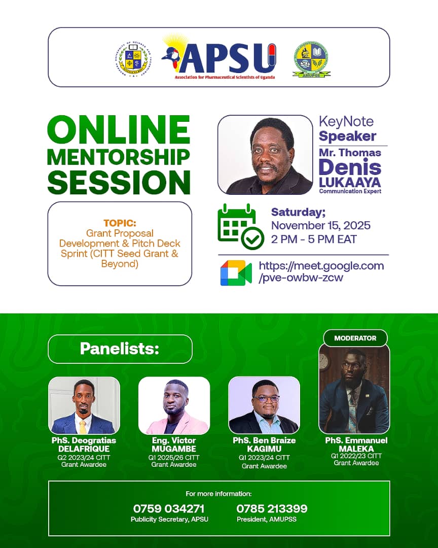 📢 Exciting news!🎉 We will host an Online Mentorship Session on Grant Proposal Writing &amp; Pitch Deck Dev't to empower <a href="/MbararaUST/">Mbarara University</a> Pharmaceutical Science Students &amp; other innovators as they prepare for the upcoming <a href="/MUST_CITT/">Centre for Innovations and Technology Transfer</a> Seed Grant Competition. 
Link: meet.google.com/pve-owbw-zcw