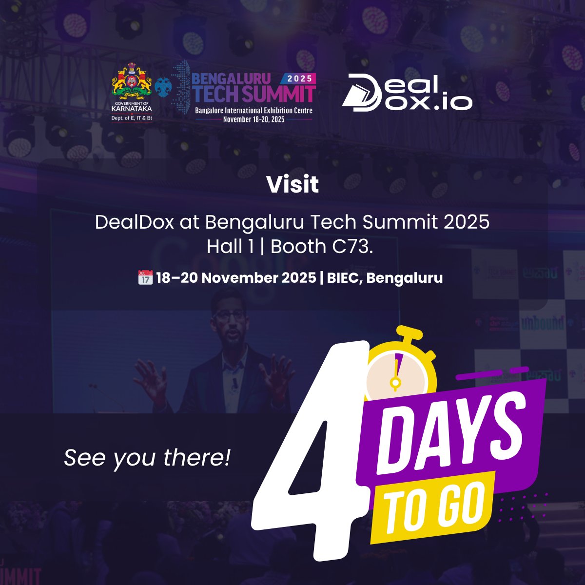 Dealdox_io's tweet image. ✨ 4 Days Left! 
 
Get ready to experience live demos of DealDox CPQ in action.

📍 Hall 1 | Booth C73, Bangalore International Exhibition Centre, Bengaluru 

#dealdox #AIinIndustry #livedemo #bengalurutechsummit
