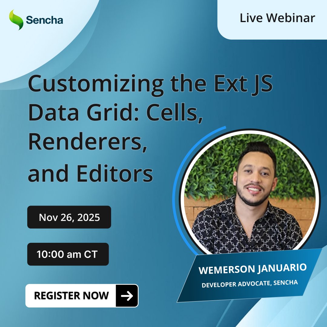 Sencha's tweet image. ⚡️ Your grid can do more than you think — let us show you how.
Learn how to customize cells, renderers, and editors to build interactive, enterprise-grade Ext JS data grids.

📅 Register Now — only a few days left!  bit.ly/47CHxBu 
 
#Sencha #ExtJS #JavaScript #WebDev…