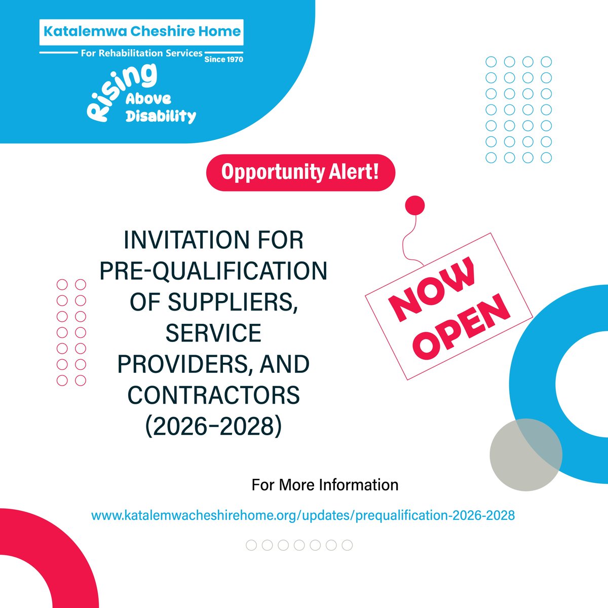 KCHuganda's tweet image. @KCHuganda invites suitably qualified bidders to submit sealed bids for pre-qualification for supplies, services, and works as specified on our website for the period 2026–2028.
Read more: katalemwacheshirehome.org/updates/bids-a…

#disabilityinclusion #prequalification #Tenders