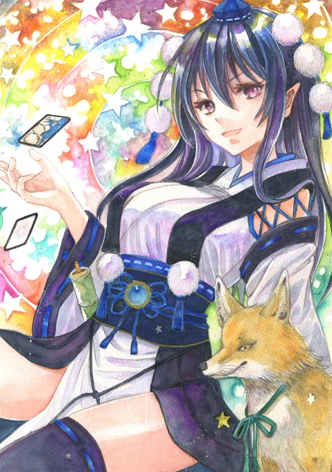 【アナログ絵】天狗装束の飯綱丸さん&amp;管狐完成～ 京都合同発行の飯綱丸さん画集の表紙になる予定です