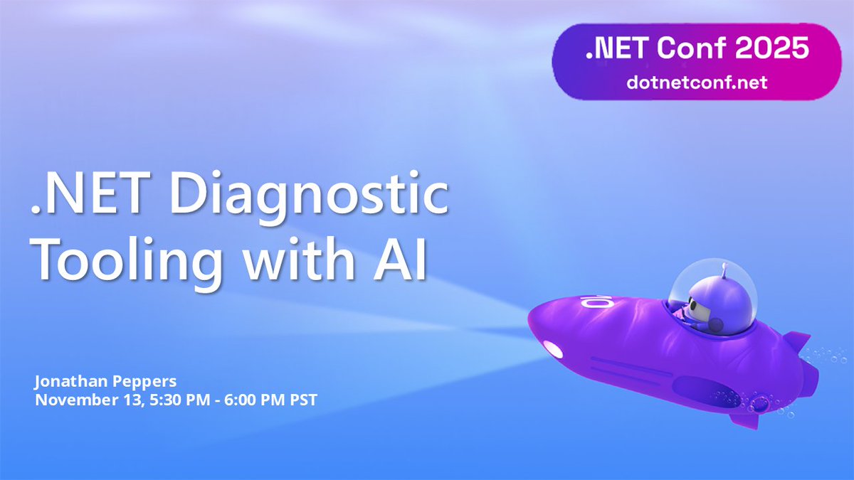 aspnet's tweet image. ✨ NOW on Community Day at .NET Conf 2025 ✨
.NET Diagnostic Tooling with AI
5:30 PM - 6:00 PM PST
Join us LIVE ➡️ msft.it/6014tJX2O
Follow the conversation: #dotNETConf #VisualStudio #AI