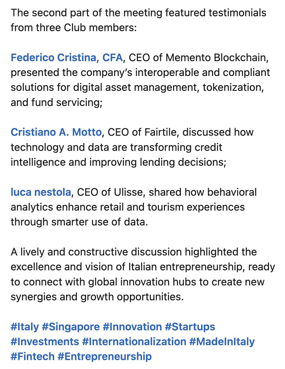 Sharing snippets from the <a href="/ItalyinSG/">Italy in Singapore</a>'s post about the high-profile meeting held at the Italian Embassy in Singapore that we were honored to be invited to! 🇮🇹🇸🇬

The event welcomed the "Club degli Investitori", the most active business angel network in Italy that invests capital,