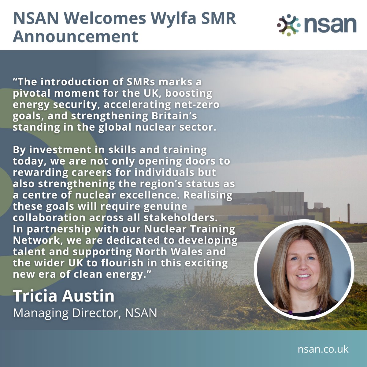 NSAN welcomes the announcement confirming Wylfa, Anglesey, as the site for the UK’s first Small Modular Reactor (SMR) power plant. A landmark step for Britain’s clean energy future.

Constructed by Great British Energy - Nuclear British Energy – Nuclear, with designs (subject to