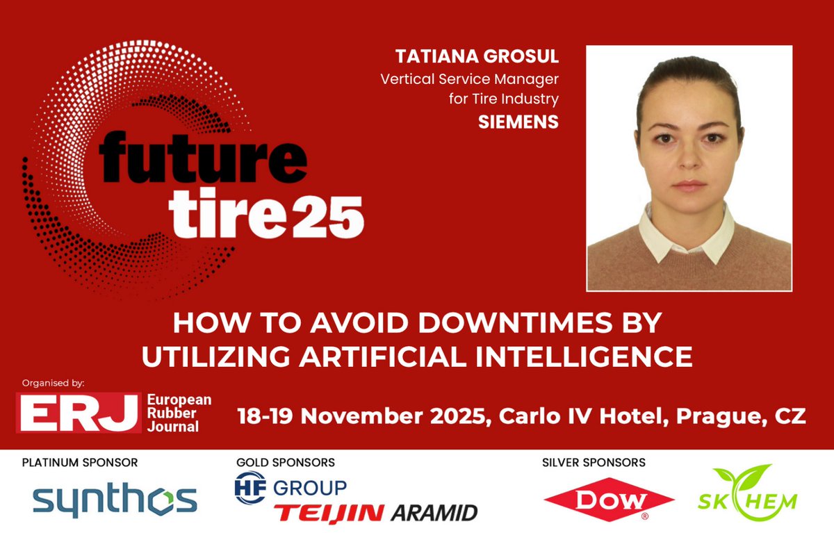 RubberJournal's tweet image. At #FutureTire2025 @siemens will showcase how #AI-powered #PredictiveMaintenance is helping reduce downtime, improve asset reliability, and make smarter decisions faster.  Join us at #FTC2025 and hear how industry leaders drive innovation  across #TyreIndustry. #FactoryAutomation