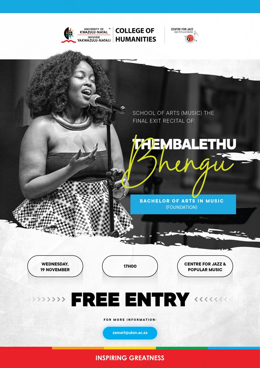 The Centre for Jazz and Popular Music is proud to present The Jazz and Pop final exit recitals on Wednesday, 19 November 2025 at 17:00. Join the <a href="/UKZN/">University of KwaZulu-Natal</a> final year Music Students Amanda Mbatha, Zibuyile Shabane Thembalethu Bhengu &amp; Ntokozo Kunene. Entrance is free