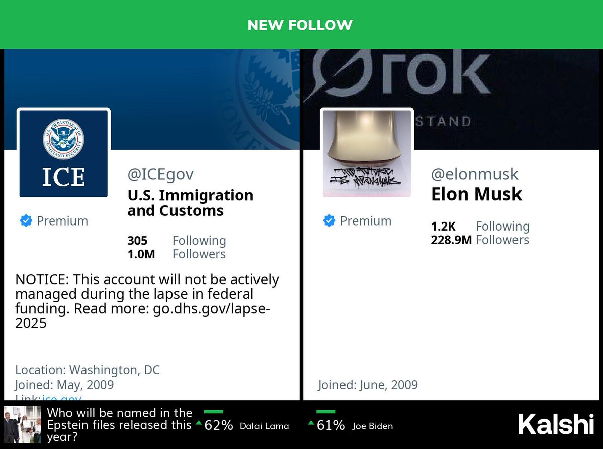 🆕 @icegov just followed <a href="/elonmusk/">Elon Musk</a>

(🤖💡: anyone want to guess?)