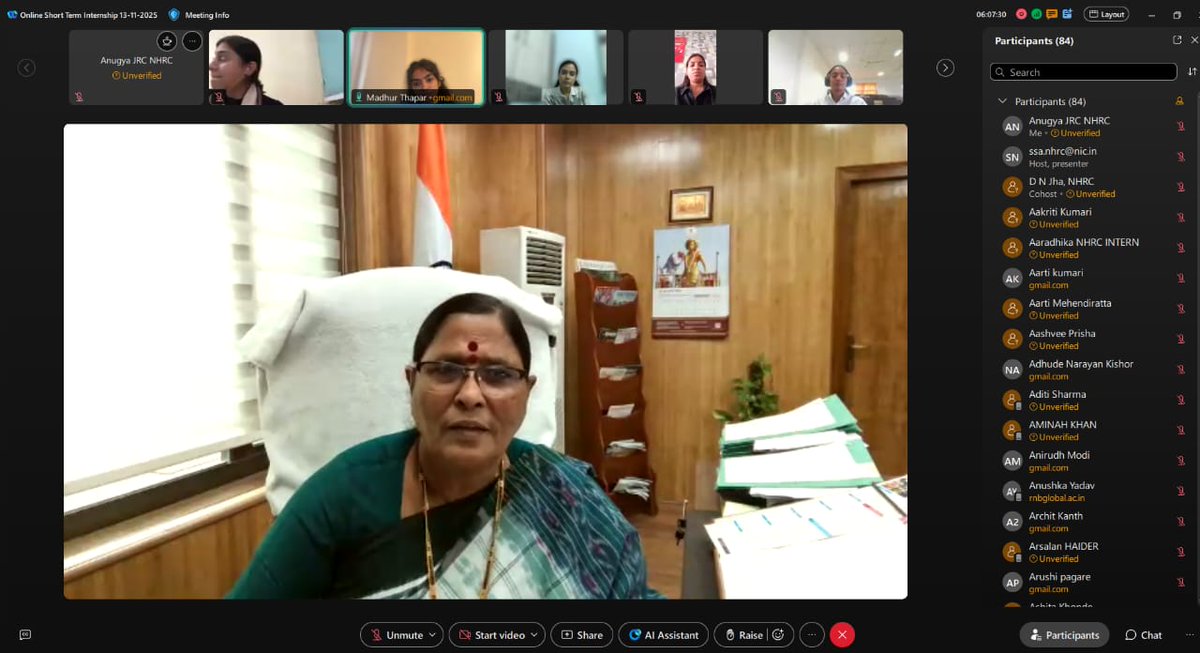 India_NHRC's tweet photo. NHRC, India Member, Smt Vijaya Bharathi Sayani addressed the online interns on ‘How to become Human Rights Defender.’ She highlighted HRD's vital role in protecting and promoting people's inalienable rights for dignity, equality and freedom. https://t.co/gZGugFsmcq