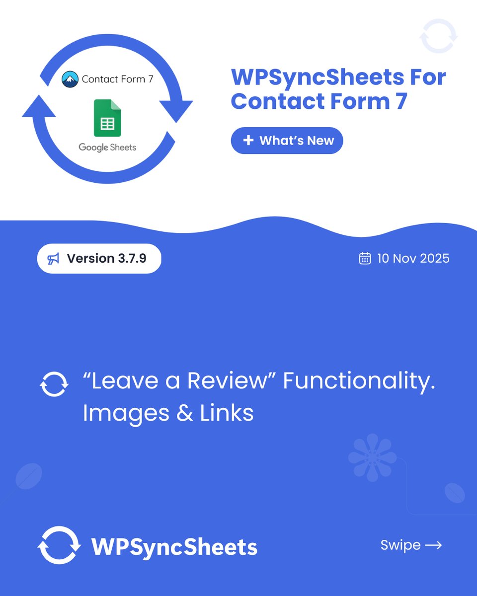 wpsyncsheets's tweet image. WPSyncSheets For Contact Form 7 Version- 3.7.9

✅ “Leave a Review” Functionality.

🌍wpsyncsheets.com/wpsyncsheets-f…

#wpsyncsheets #googlesheets #wordpress #contactform7