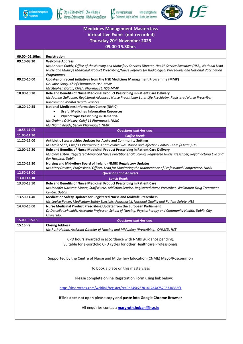 ⏳Reminder there is only 1 week to go for the Medicines Management Masterclass. 
The programme outline  is below 👇
To book a place:
hse.webex.com/weblink/regist…