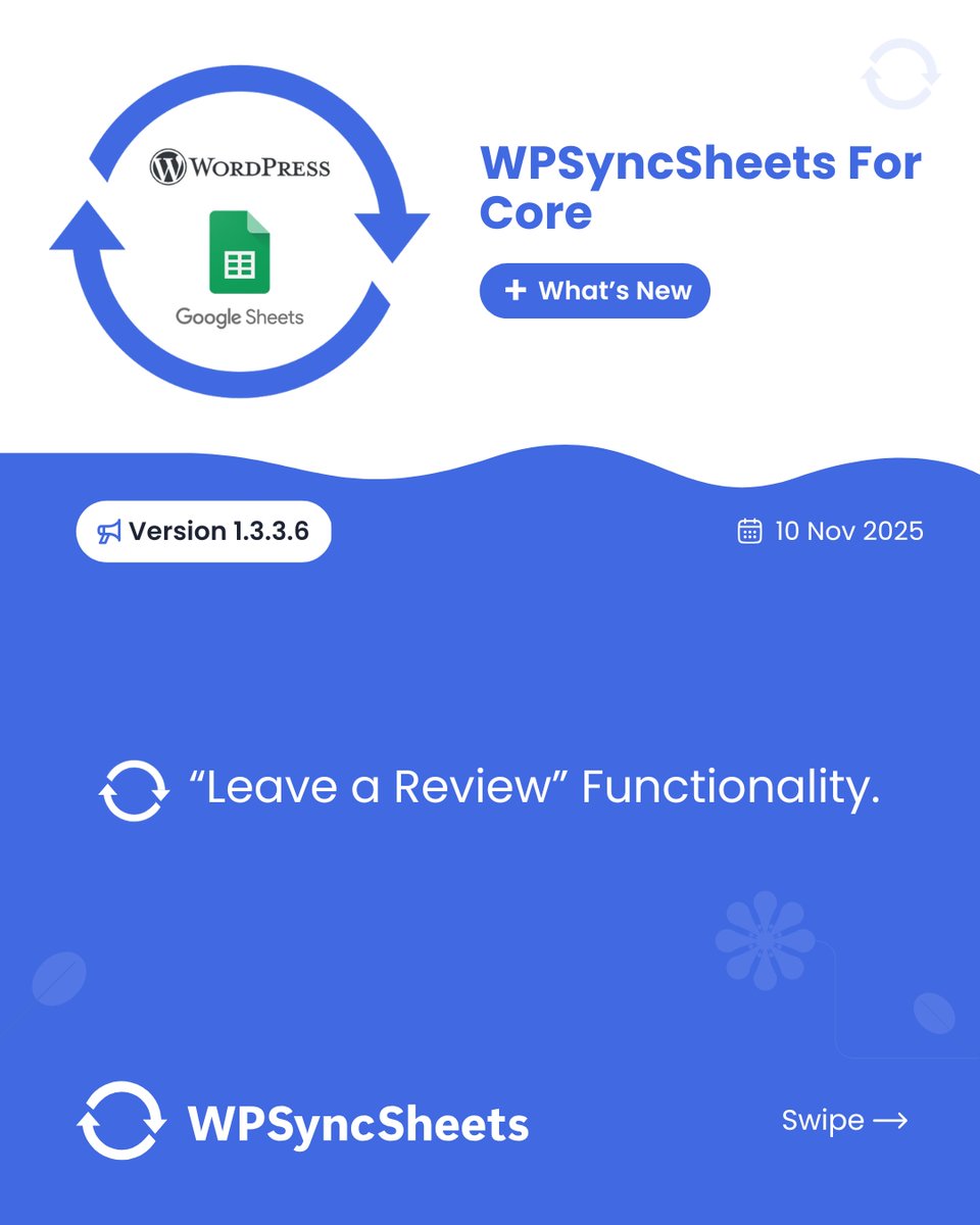 wpsyncsheets's tweet image. WPSyncSheets For Core Version -1.3.3.6

✅ “Leave a Review” Functionality.

🌍 wpsyncsheets.com/wpsyncsheets-f…

#wpsyncsheets #googlesheets #wordpress