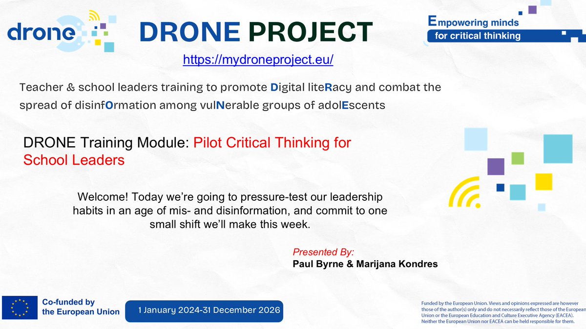 MydroneProject's tweet image. 🫡 Piloting the #DRONEprojectEU training modules with school leaders across Europe!

👏 ESHA delivered sessions on #ProblemSolving, #CriticalThinking &amp;amp; #Resilience — engaging 22 leaders from 7 countries.

🧠 Together, we’re building #DigitalResilience in education!
