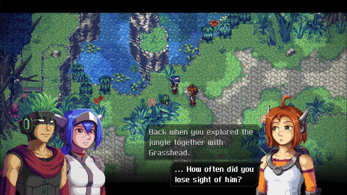 XMemor's tweet image. in saying this, Apollo has the same sort of hair as Kevin Graham in Kiseki.....i wonder if Ries looses Kevin in forest areas too lol

#CrossCode | #MemorXCrossCode
