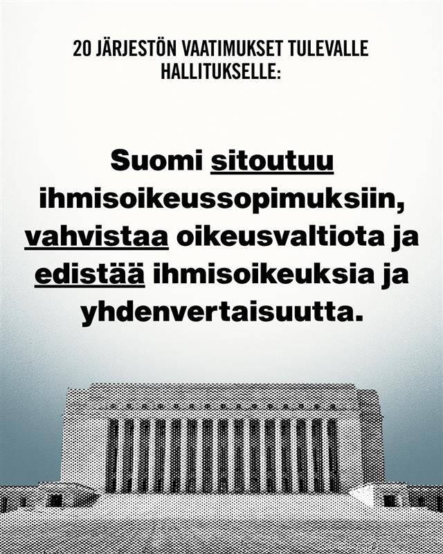 amnestyfinland's tweet photo. 20 ihmisoikeusjärjestöä on julkaissut ehdotuksensa hallitusohjelmakirjauksiksi vuodelle 2027.

Vaadimme, että ihmisoikeudet ja oikeusvaltio ovat tulevan hallitusohjelman ytimessä konkreettisina toimina.

Lue ehdotukset kokonaisuudessaan 👇
https://t.co/AsgpGv2Gr1 https://t.co/R4tfUYs3PX