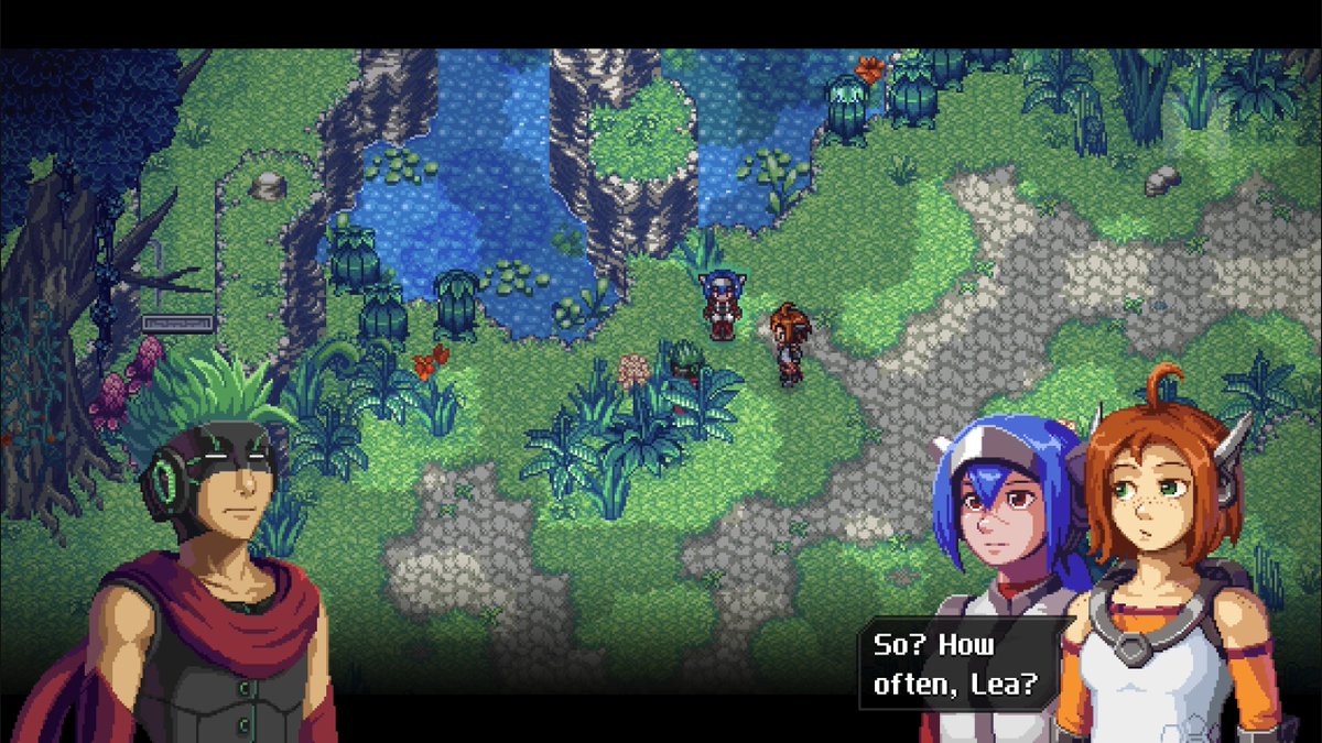 XMemor's tweet image. in saying this, Apollo has the same sort of hair as Kevin Graham in Kiseki.....i wonder if Ries looses Kevin in forest areas too lol

#CrossCode | #MemorXCrossCode