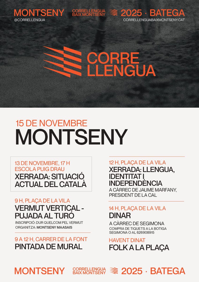 DISSABTE serem al Montseny a les 12h a la pl. de la Vila "LLENGUA, IDENTITAT I INDEPENDÈNCIA" Si us cau a prop, hi sou convidats! <a href="/CAL_cat/">Coordinadora d'Associacions per la Llengua (CAL)</a> #Correllengua2025