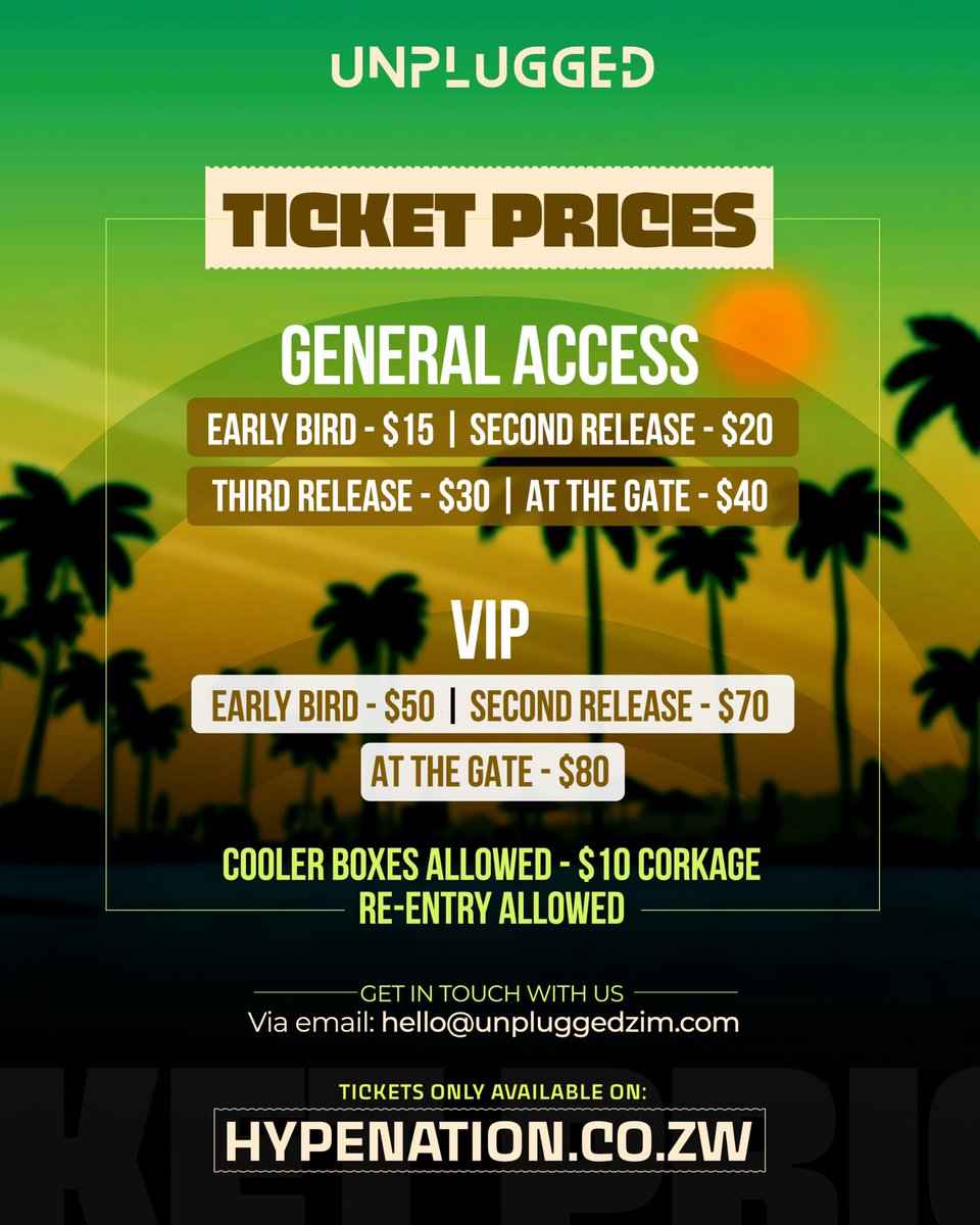 We can’t wait for you guys to see the full line up for the December edition. For now, please hold on to this. 

EARLY BIRD tickets are available on hypenation.co.zw. When they sell out, we move into the second release. 

Get in touch  
📧 hello@unpluggedzim.com