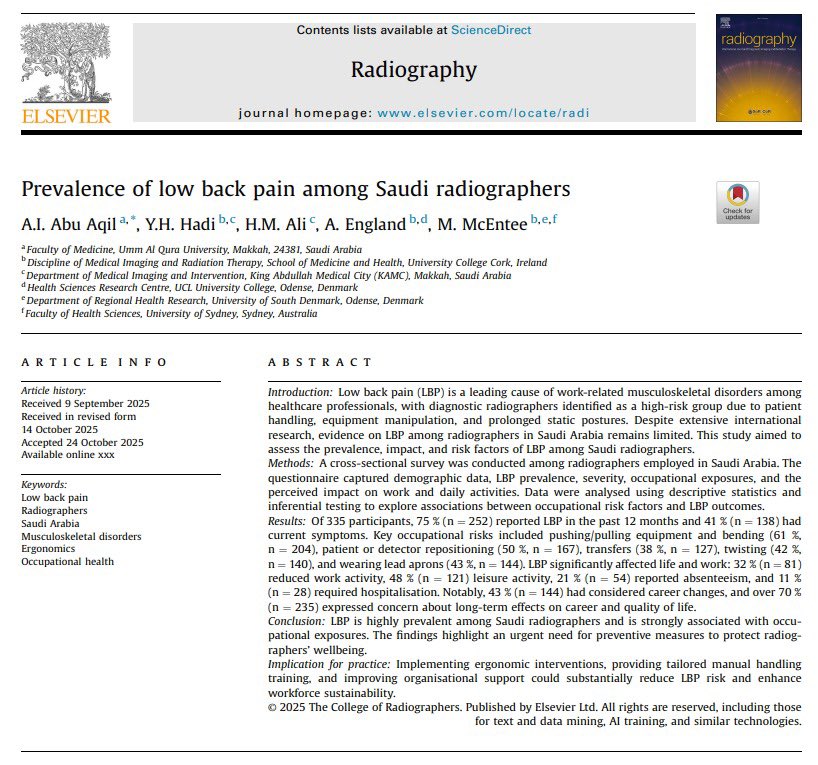 KAMC_MAKKAH's tweet image. #ورقة_علمية | ✨

#مدينة_الملك_عبدالله_الطبية ممثلةً بإدارة الأشعة التشخيصية والتداخلية والتصوير الطبي، وبالتعاون مع جامعة أم القرى ممثلةً بكلية الطب، نشرت ورقةً علمية في مجلة Radiography بعنوان:

“Prevalence of Low Back Pain Among Saudi Radiographers”

تناولت الدراسة انتشار آلام…