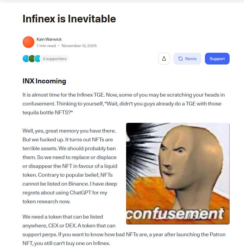 TbcBit's tweet image. 🚀 Infinex $INX 代币发行与空投深度解析：抓住牛市前夕的财富密码！ 

1️⃣确定性收益：高价 Patron NFT，锁定 $INX 分配 💎
重仓玩家准备的直通车，追求的是确定性与安全边际。
路径： 购买 Patron 系列 NFT
成本： 约 1.7 ETH (当前价格)
回报： 立即获得 100,000 枚 $INX 代币分配。
套利空间： 假设…