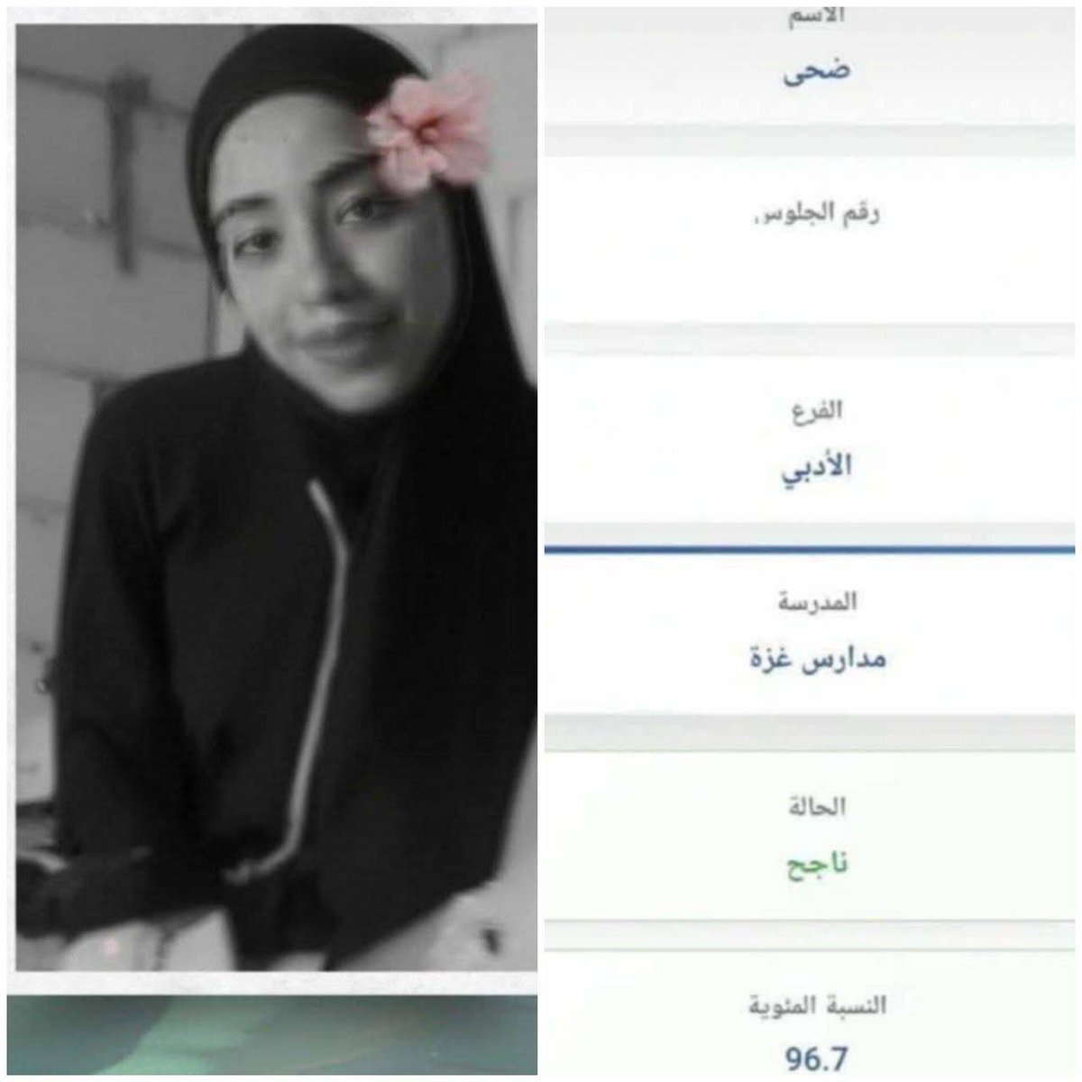 ضحى نظمي أبو دلال ابنة مخيم النصيرات،  
حقّقت معدل 96.7% في الثانوية العامة،  
لكنها لم تحتفل، لم تفرح، لم ترفع شهادتها أمام الكاميرات…  
لأن ضحى ارتقت شهيدة،  
مع 18 من أفراد عائلتها في مجزرةٍ وحشية ارتكبها الاحتلال،  
بعد خرق اتفاق وقف إطلاق النار، أواخر أكتوبر الماضي.

نجحت