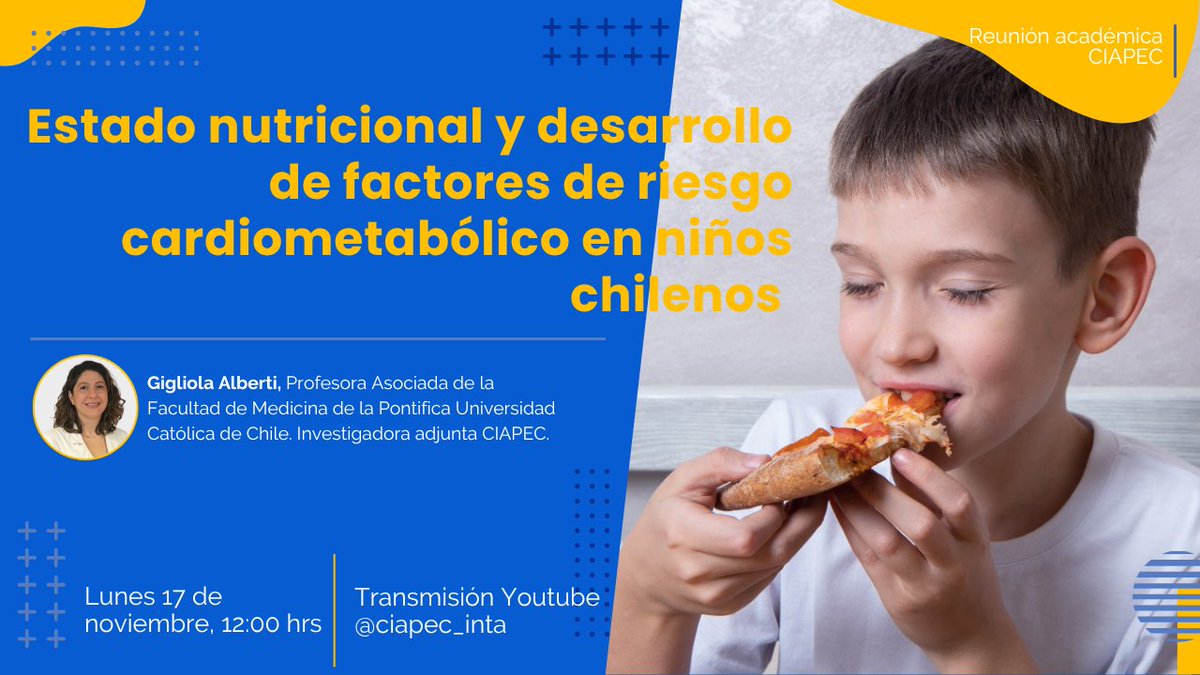 🫀🍕¿Cómo incide el estado nutricional en el desarrollo de factores de riesgo cardiometabólico en niñ<a href="/s/">『S』</a> chilen@s? No te pierdas la presentación de Gigliola Alberti, académica <a href="/FacMedicinaUC/">Facultad Medicina UC</a>, en la reunión académica CIAPEC.

📆Lunes 17 nov, 12hrs
▶️Por: youtube.com/live/j_ucHfOrc…
