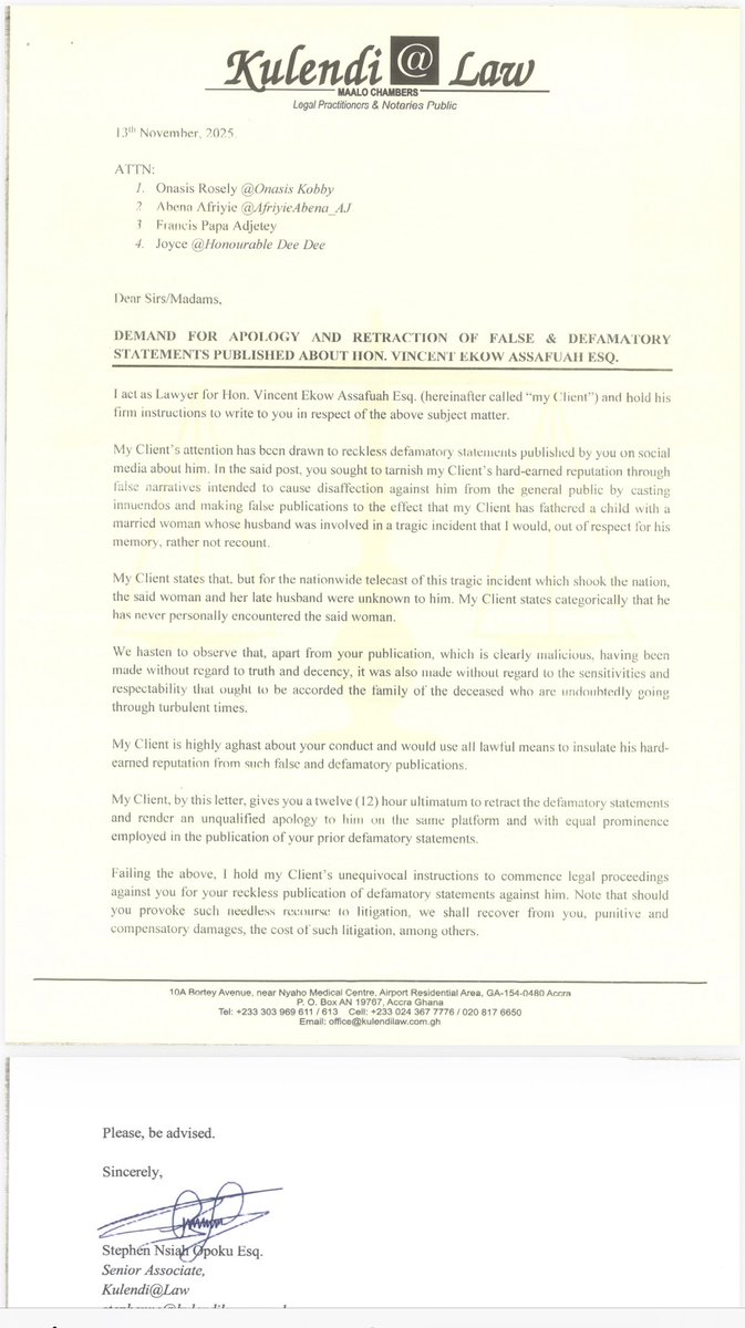 Retraction notice to Onasis Kobby, Deputy CEO of Petroleum hub and 3 others.