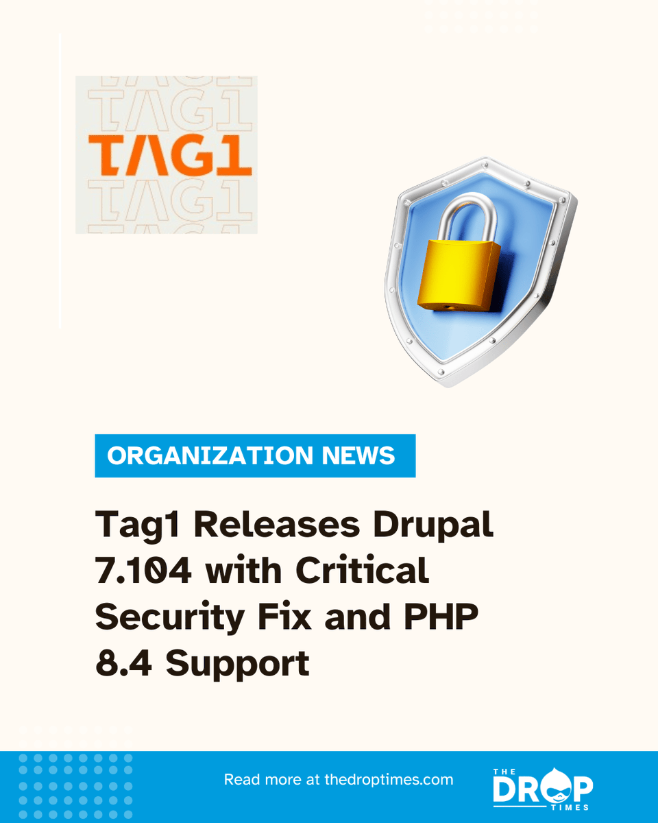 thedroptimes's tweet image. Drupal 7.104 released via Tag1 D7ES:

✅ Critical jQuery BBQ fix (Overlay affected)
✅ PHP 8.4 support

bit.ly/47Wmyd4 

#Drupal7 #D7ES #SecurityUpdate #PHP84