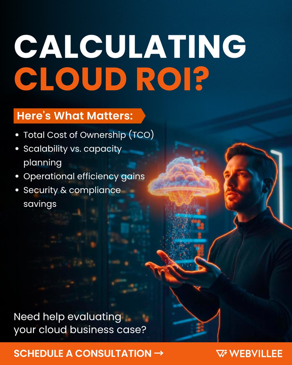 Webvillee_Tech's tweet image. Calculating cloud migration ROI?
What matters:
✓ Total cost of ownership
✓ Scalability benefits
✓ Operational efficiency
✓ Security &amp;amp; compliance
Webvillee helps you build the business case.
Free consultation → webvillee.com
#CloudMigration #ROI