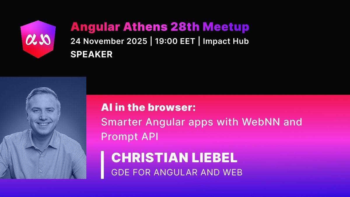 AthensAngular's tweet image. 🎤 Speaker Highlight: @christianliebel (GDE)

At our 28th Angular Athens meetup, Christian will present us how to run AI models locally for offline use &amp;amp; better security. 

📅 Nov 24, 7 PM 
📍 Impact Hub Athens 
🔗 RSVP: meetup.com/angular-athens…

#angularathens #meetup