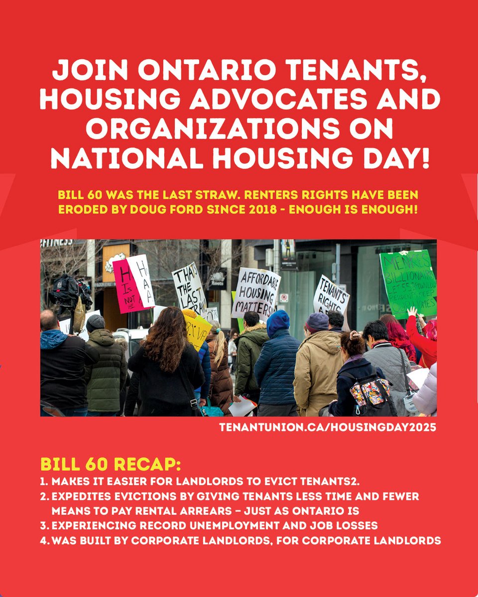 Hands off renters rights! ✊ Join tenants from across Ontario for #NationalHousingDay2025.

Bill 60 was the last straw. Renters make up a third of all residents in Ontario. It is time for us to stand together against the erosion of our rights. Learn more: loom.ly/cjpovcg