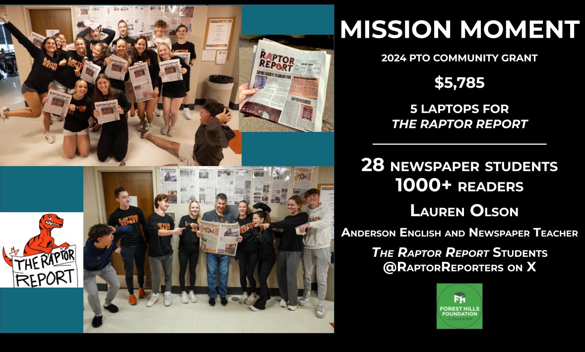 CoachOlson11's tweet image. SO proud of these @AndersonRaptors @RaptorReporters for sharing our publication at the @fhfeorg board meeting last night!! 

Incredible kids like these four, and support from our community and the foundation, are the reason our school newspaper is as awesome as it is!!