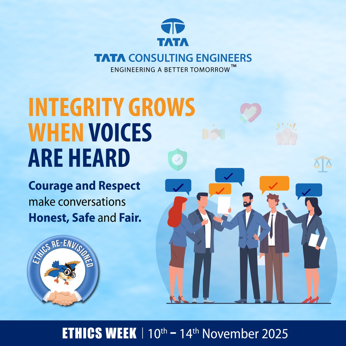 TCEConnect's tweet image. An ethical culture grows through courage and care.

At Tata Consulting Engineers (#TCE), we encourage our people to speak up, ask questions and share concerns without hesitation.

When voices are heard and treated with respect, ideas grow stronger and decisions become fairer.…