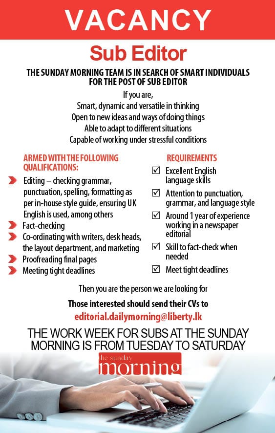 TheMorningLK's tweet image. Wanted Sub Editor | The Morning
#themorninglk #SubEditor