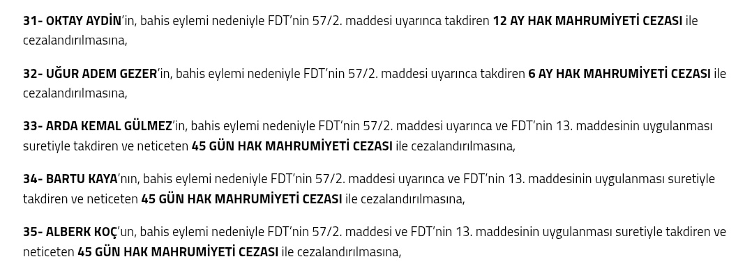 contextundav's tweet image. 🚨 Bahis eylemi nedeniyle Oktay Aydın 12 Ay , Uğur Adem Gezer 6 ay , Arda Kemal Gülmez , Bartu Kaya , Alberk Koç 45 gün hak mahrumiyeti cezası aldı ! #Amedspor
