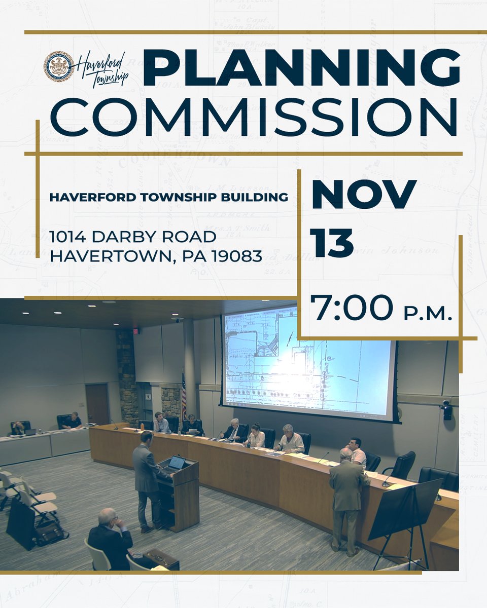 The agenda for tonight’s Planning Commission meeting is located @ havtwp.org/Boards_and_Com…

The meeting is scheduled for 7:00 p.m. at the Township Building (1014 Darby Road).

It will be broadcast live on the Haverford Township government access channel (Comcast #5, Verizon #38).
