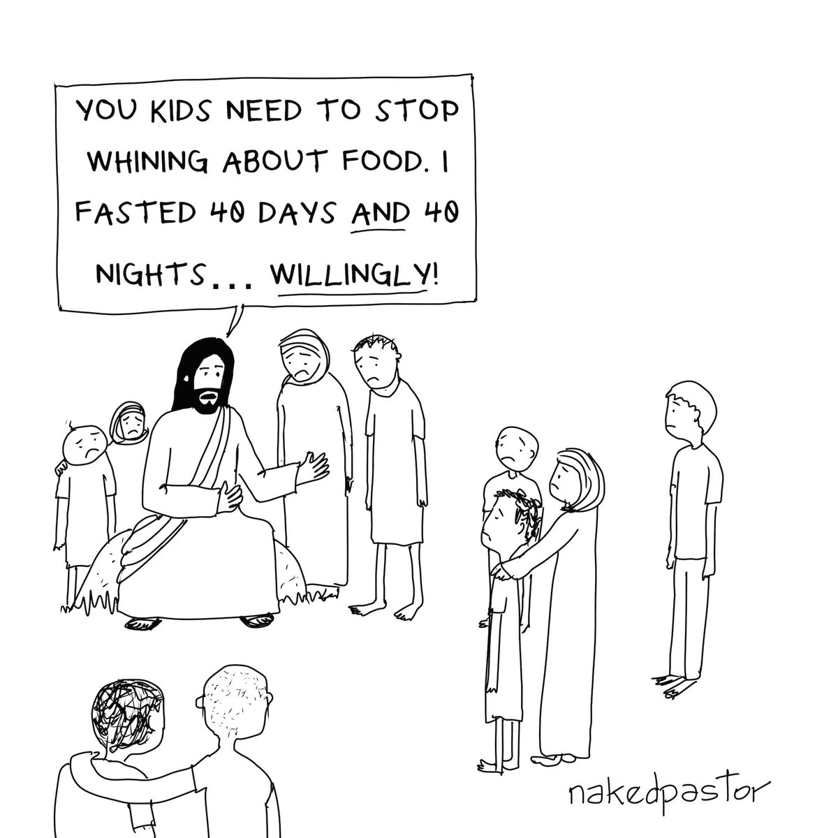 So we've discovered, or had it confirmed, that many churches don't care about feeding the poor.

Food is a luxury preserved for the rich and the righteous.

So I drew a picture of Jesus as one such person encouraging the kids to tighten their belts so the rich can get richer.