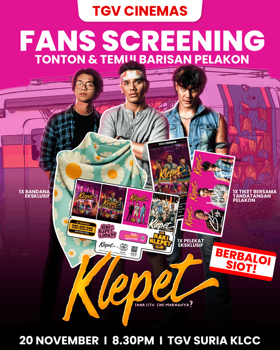 TGVCinemas's tweet photo. WOWERZ!!! 😍

Siapa nak layan Filem #Klepet awal? Lepas tu kitaorang set jumpa barisan pelakon sekali. Bukan tu je, korang akan dapat barangan eksklusif dari kami! 😎

Cepat guys, cepat! Beli tiket FANS SCREENING #FilemKLEPET SEKARANG sebab you don’t want to miss this! 🎟️ https://t.co/CXEsISDq8D

#KlepetMovie #Under18 #SanaSiniSitu #Maknanya #KlepetXU18 #KlepetFilm