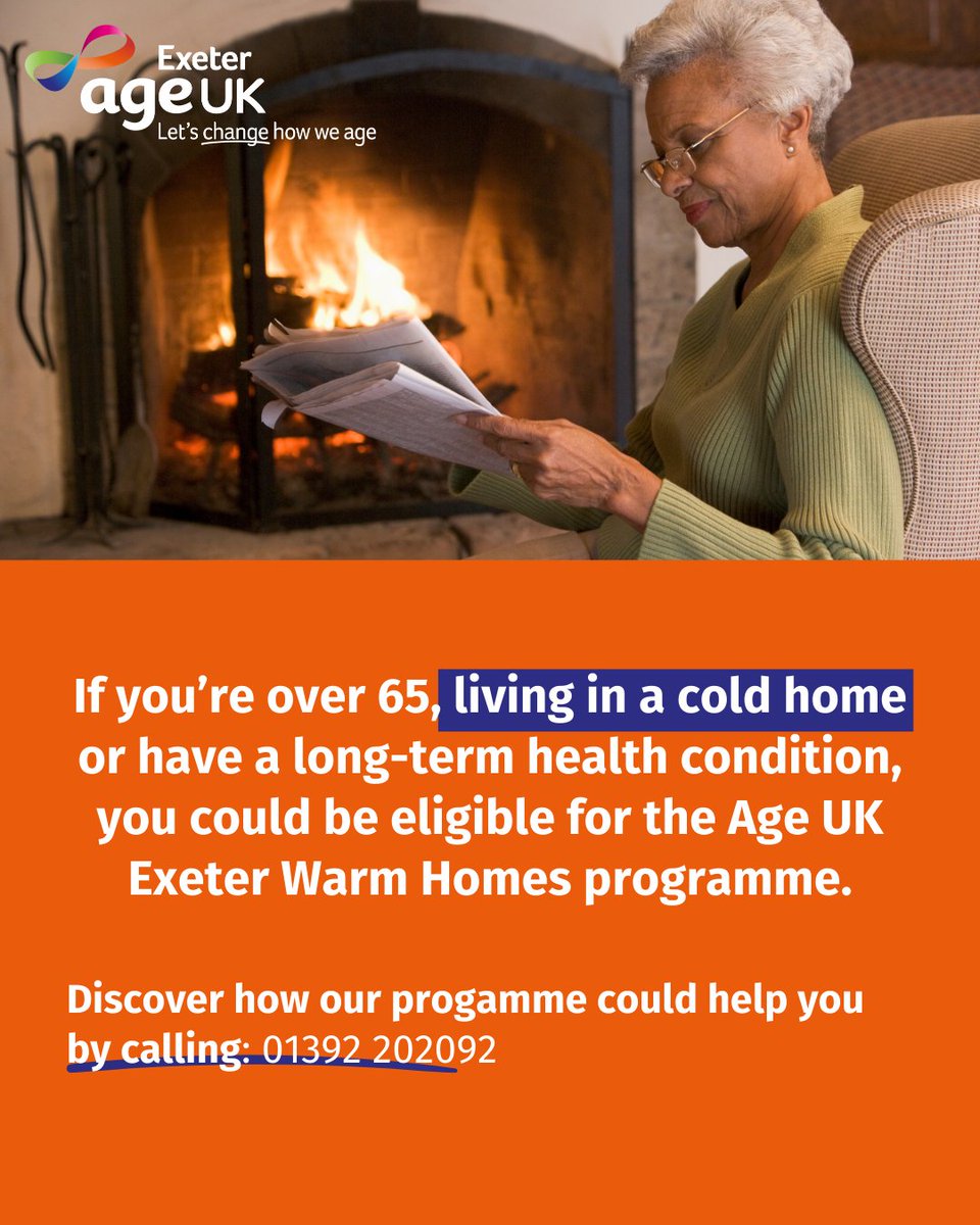 AgeUKexeter's tweet photo. If you’re over 65, living in a cold home or have a long-term health condition, you could be eligible for the Age UK Exeter Warm Homes programme. Discover how our programme could help you by calling: 01392 202092 #ageukexeter #exetercommunity #inexeter #exeterliving #exeterdevon https://t.co/ZVSTUv7Ub0